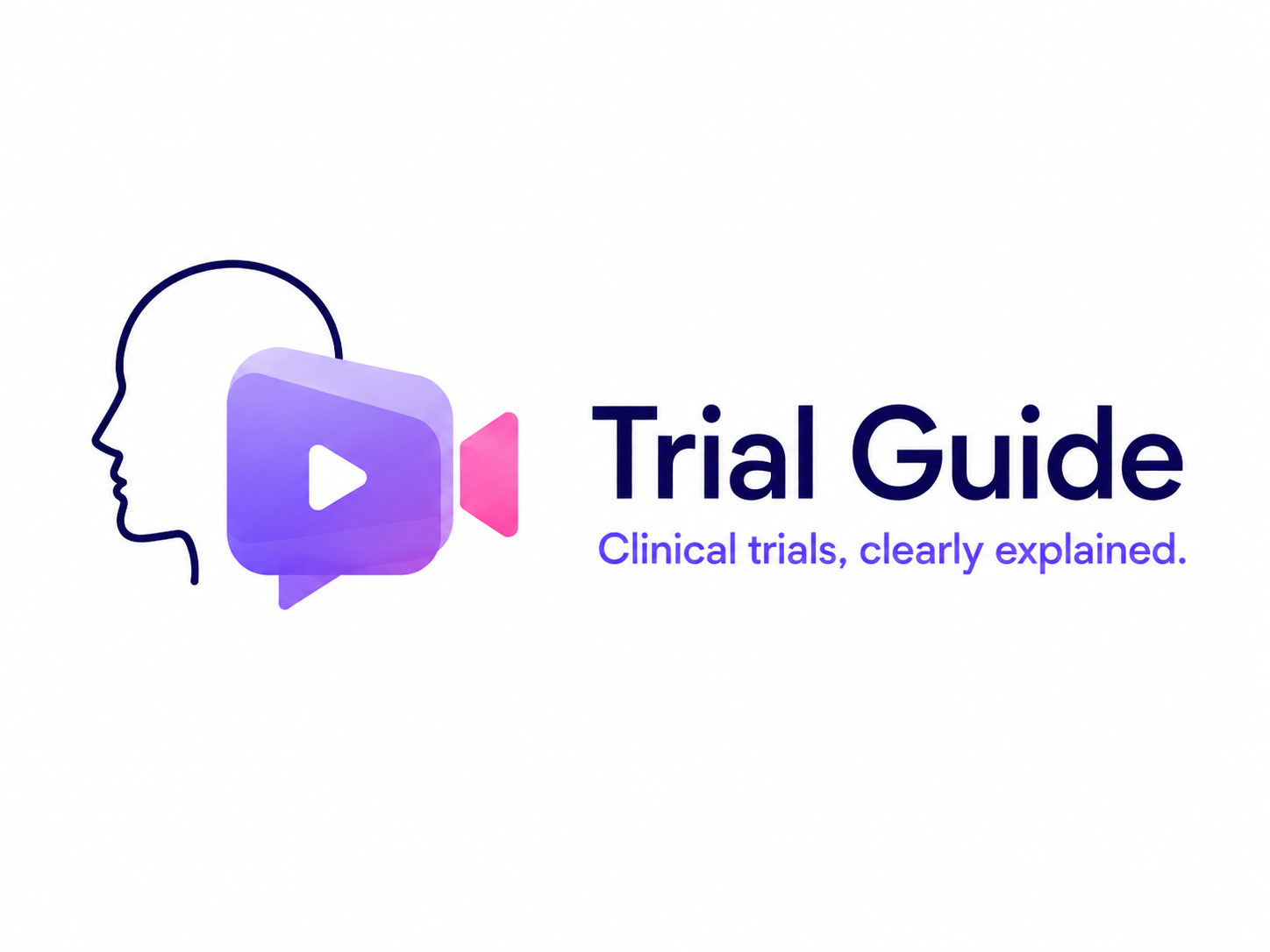 Trial Guide logo — navy head outline with a violet and pink play-button speech bubble, with the words Clinical trials, clearly explained.